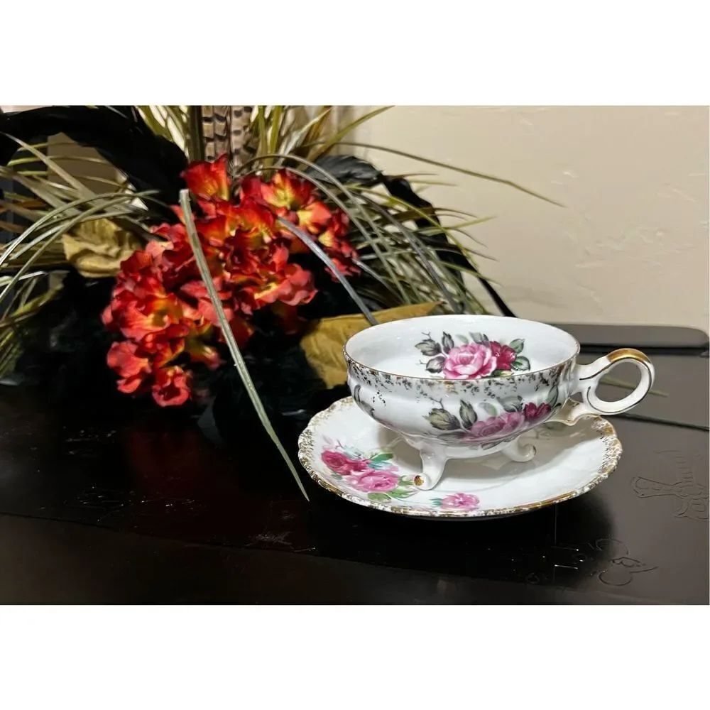 Lefton China Hand Painted Roses Teacup & Saucer Set